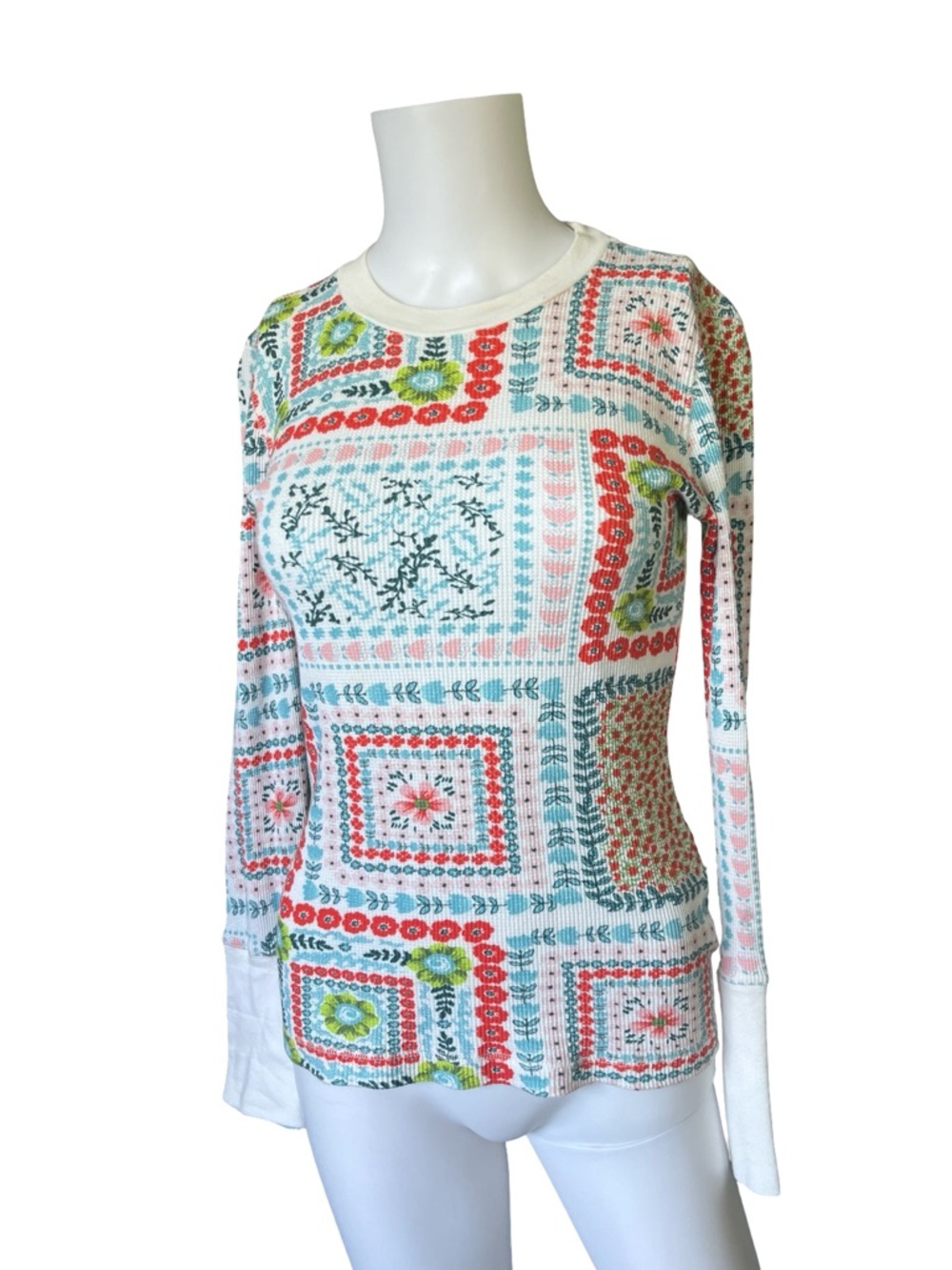 Sundance Waffle Knit Thermal Top Pullover Blue Orange Cotton Womens Size XS